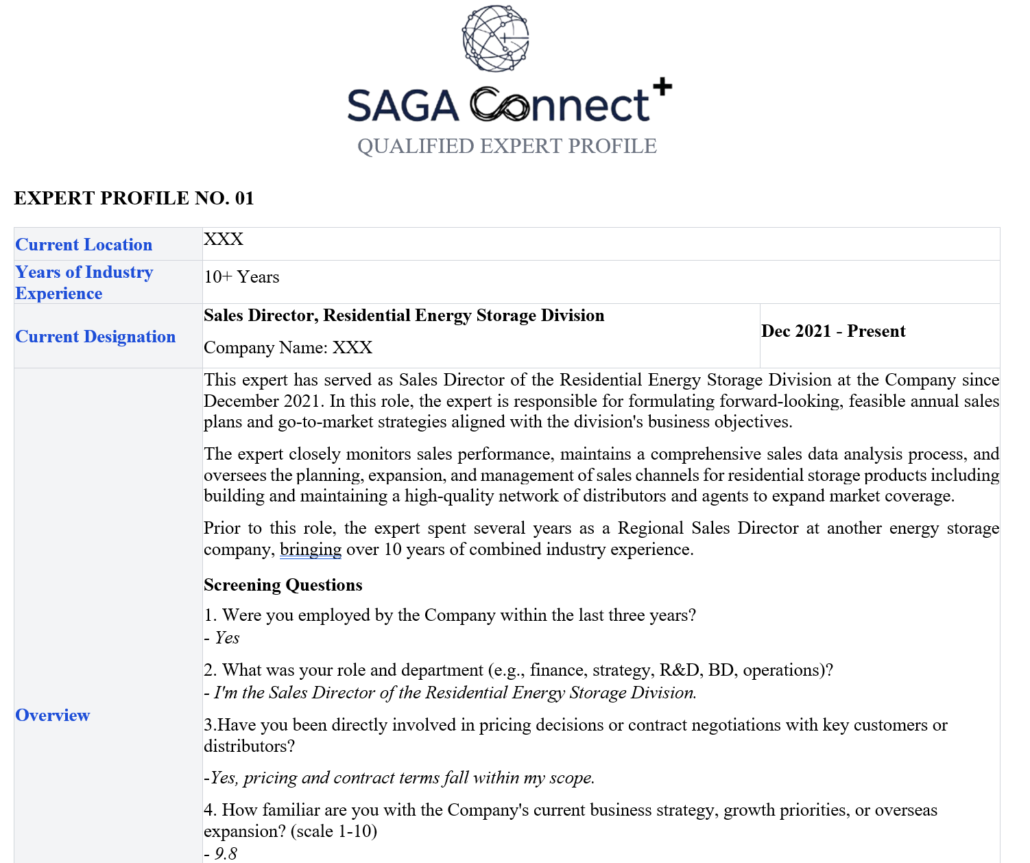 Sample preview of the Qualified Expert Profile document